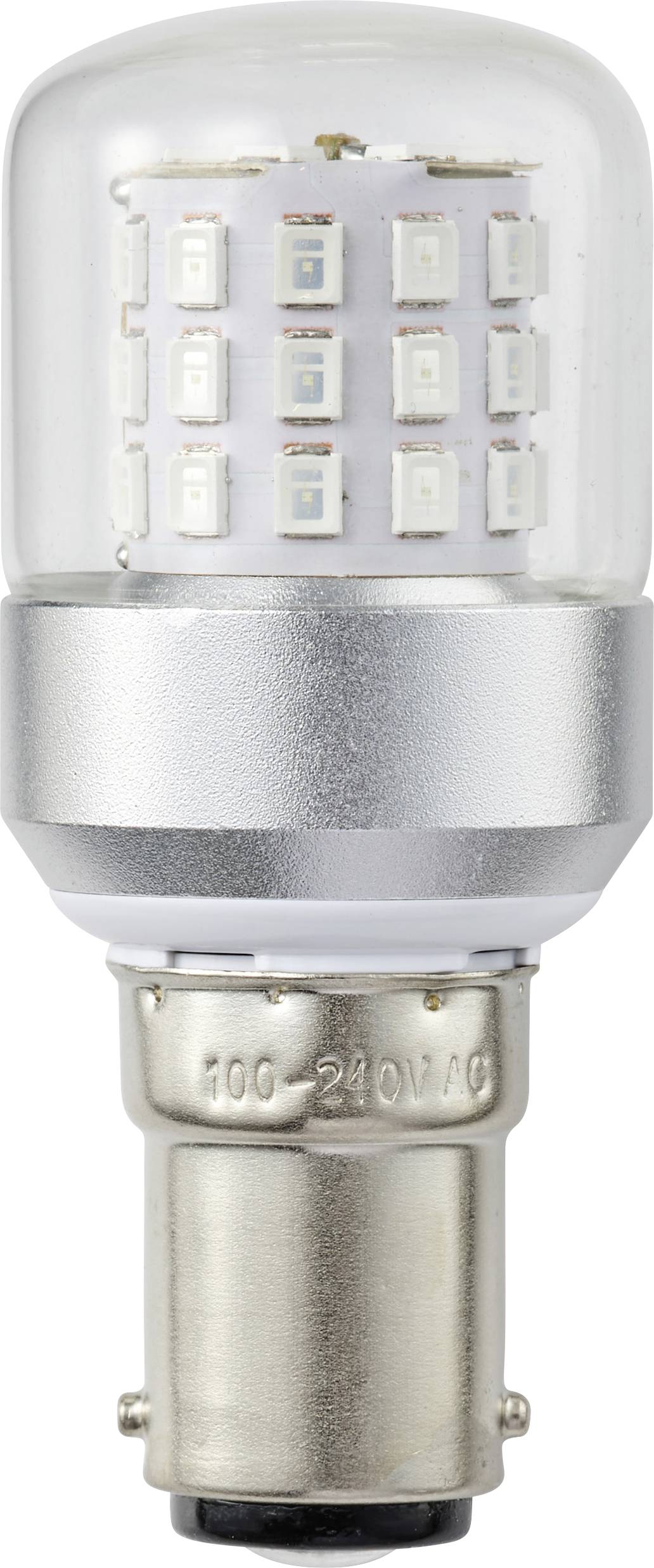 Un primo piano di una lampadina a LED con base metallica etichettata '100-240V AC', che mostra più piccoli quadrati LED all'interno di un involucro trasparente.