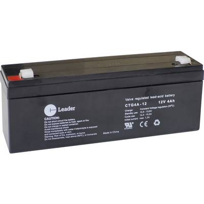 Batteria al piombo regolata da valvola 'Leader', modello CTG4A-12, 12V 4Ah; include avvertenze di sicurezza come evitare l'esposizione alle fiamme.
