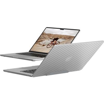 Un laptop argentato con una copertura testurizzata mostra un ciclista in movimento contro un paesaggio desertico sul suo schermo.