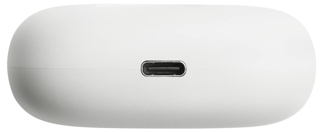 'Custodia di ricarica bianca con porta USB-C centrata sul davanti.'