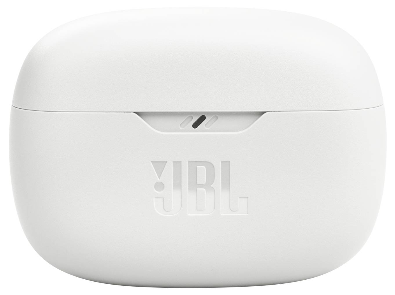 Custodia chiusa di auricolari JBL bianchi, con il logo JBL ben in vista.