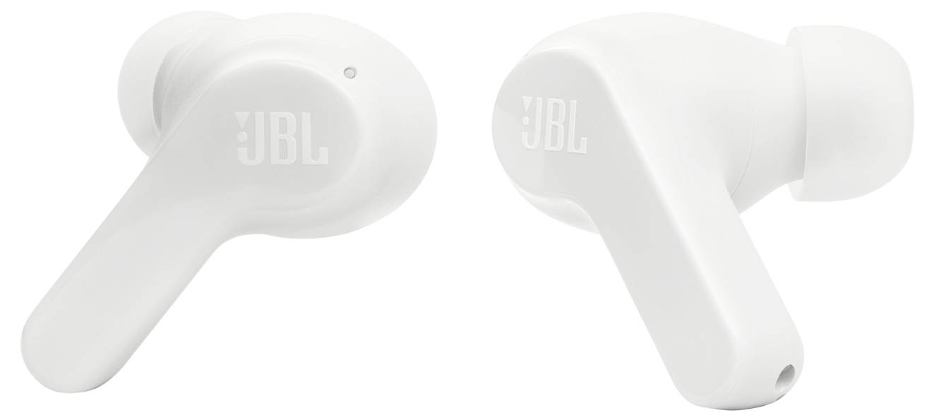Auricolari wireless JBL bianchi mostrati da due angolazioni, evidenziando il loro design ergonomico e il logo del marchio.