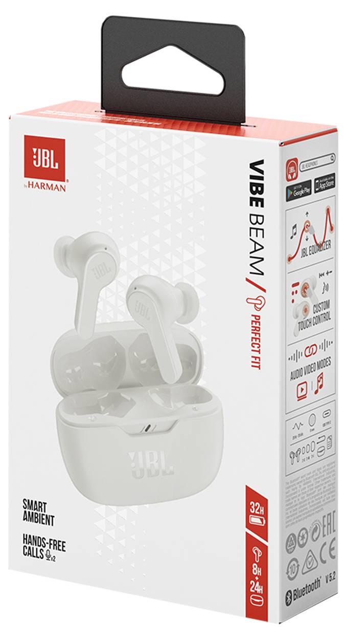 Confezione degli auricolari 'JBL Vibe Beam' che mostra l'immagine del prodotto, caratteristiche come 'Batteria 32H', 'Chiamate in Vivavoce' e icone di connettività.