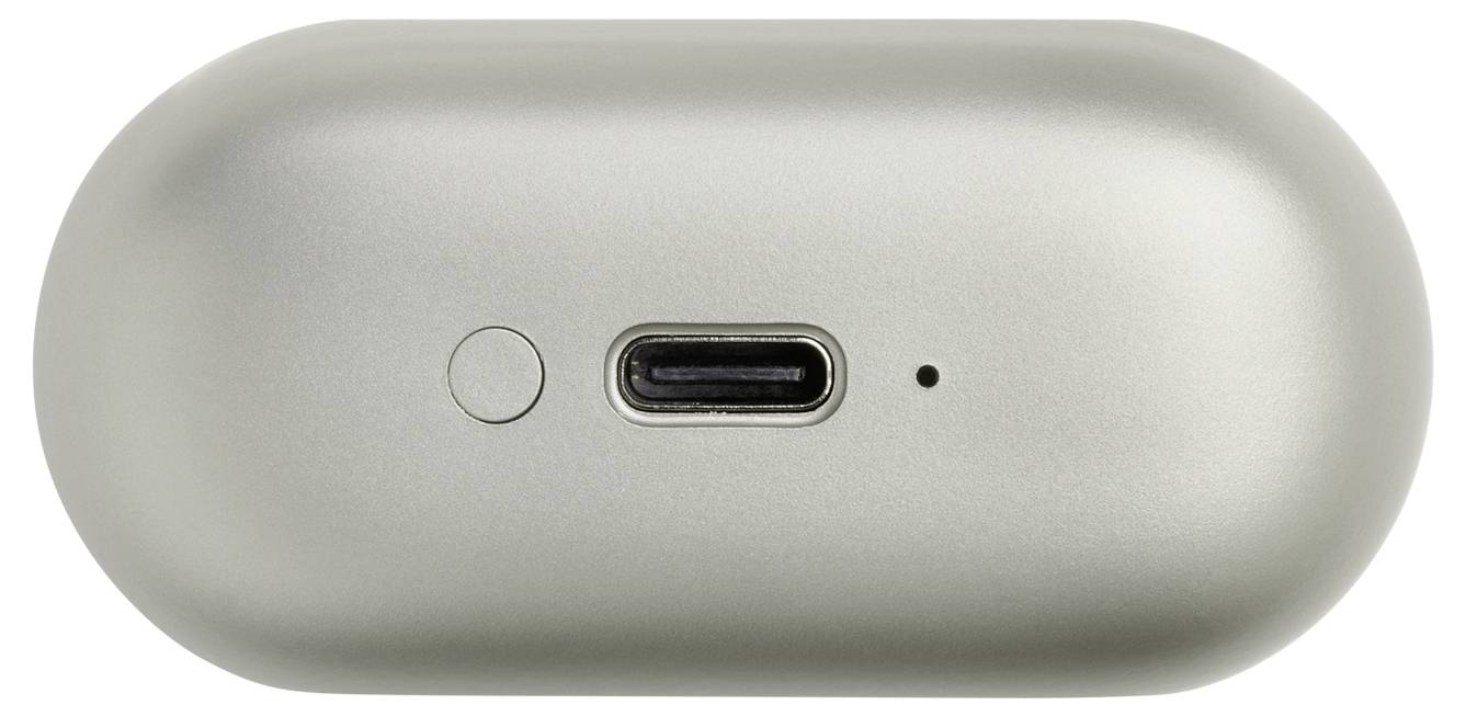 Dispositivo argentato, di forma ovale, con una porta USB-C e un piccolo pulsante su un lato.