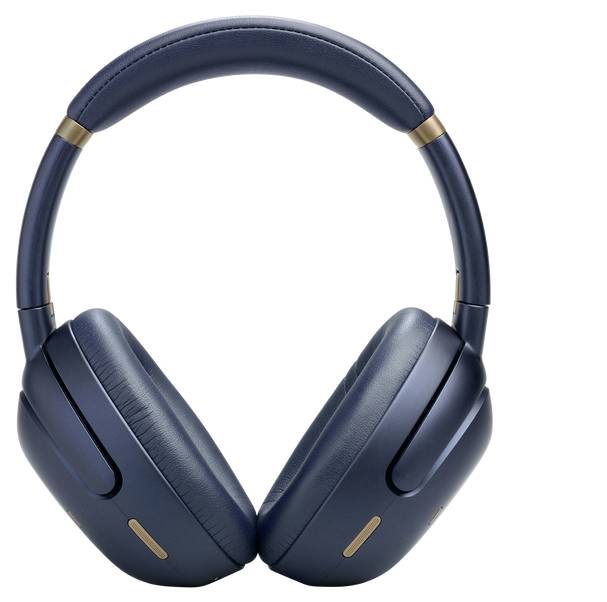 Un paio di cuffie moderne over-ear in blu scuro con padiglioni auricolari imbottiti e archetto.