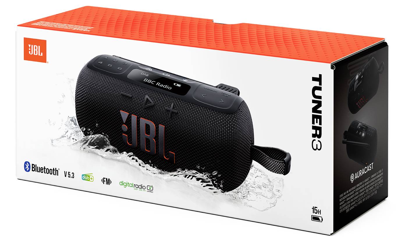 L'immagine mostra la confezione di un altoparlante portatile JBL Tuner 3, evidenziando la connettività Bluetooth, la radio FM e le caratteristiche di resistenza all'acqua.