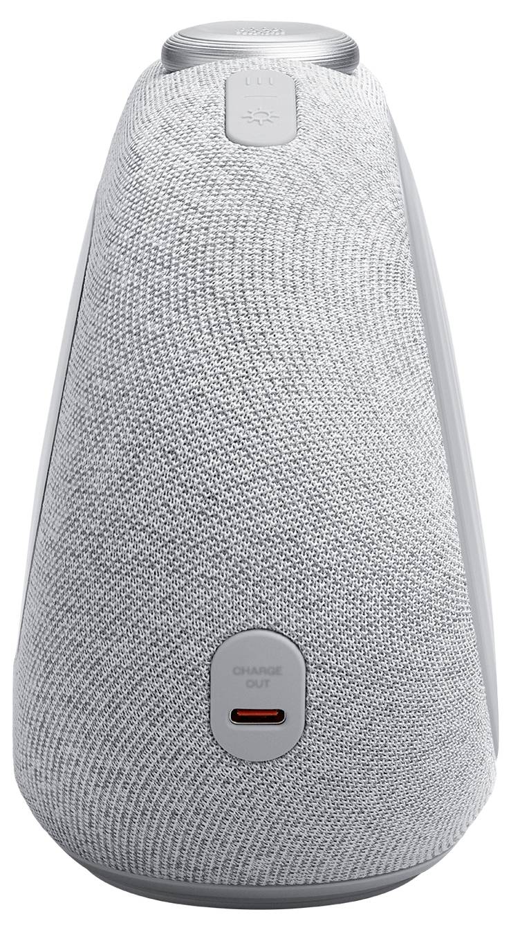 Un altoparlante intelligente a forma di cono, rivestito in tessuto grigio, con un pulsante di controllo in alto e una porta di ricarica nella parte inferiore.