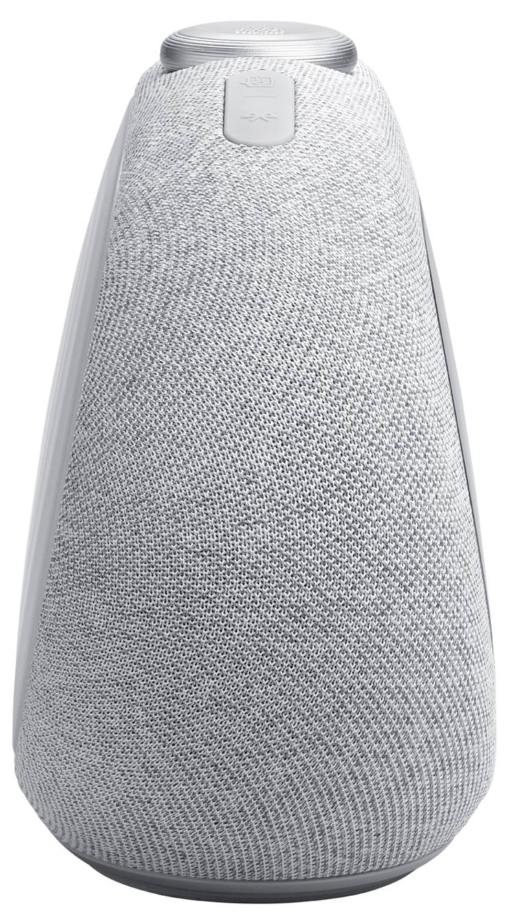 Un altoparlante elegante, a forma di cono, grigio, con una copertura in tessuto, che presenta un pulsante di controllo sulla parte superiore per regolare le impostazioni.