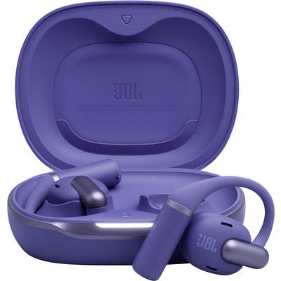 Auricolari wireless blu con accenti grigi all'interno di un custodia di ricarica aperta che mostra il logo 'JBL'.