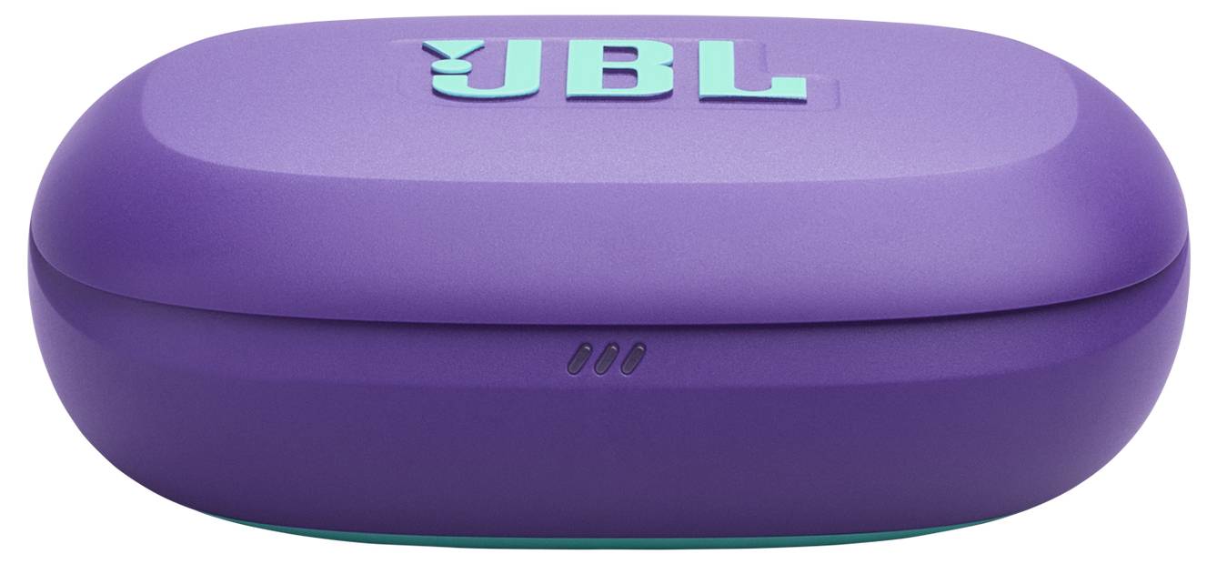 Custodia per auricolari JBL viola, chiusa, con logo sulla parte superiore.
