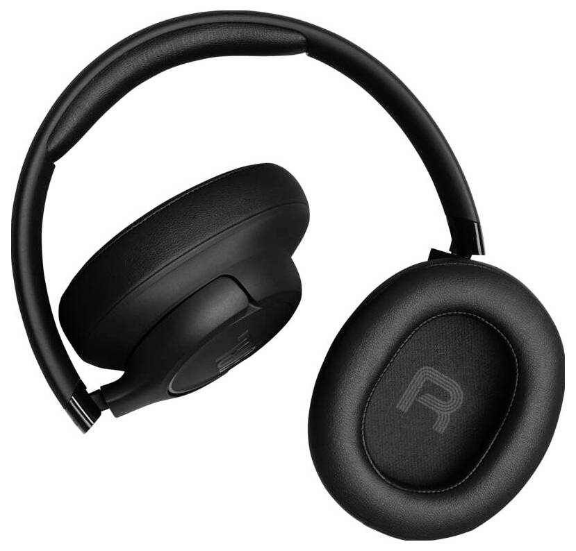 "Cuffie over-ear nere su sfondo bianco, con un padiglione auricolare destro contrassegnato dalla lettera "R"."