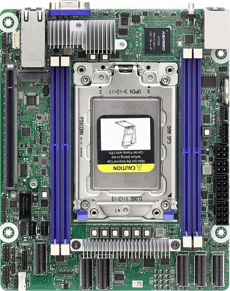 Una scheda madre per computer che presenta un socket per un processore, diversi slot per la RAM e varie porte e connettori.