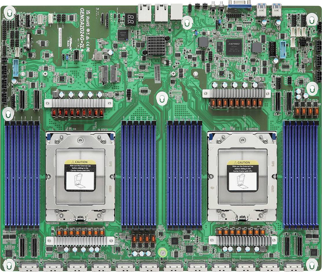 Una scheda madre verde con componenti elettronici che include due grandi CPU, dissipatori di calore, slot per RAM e connettori.