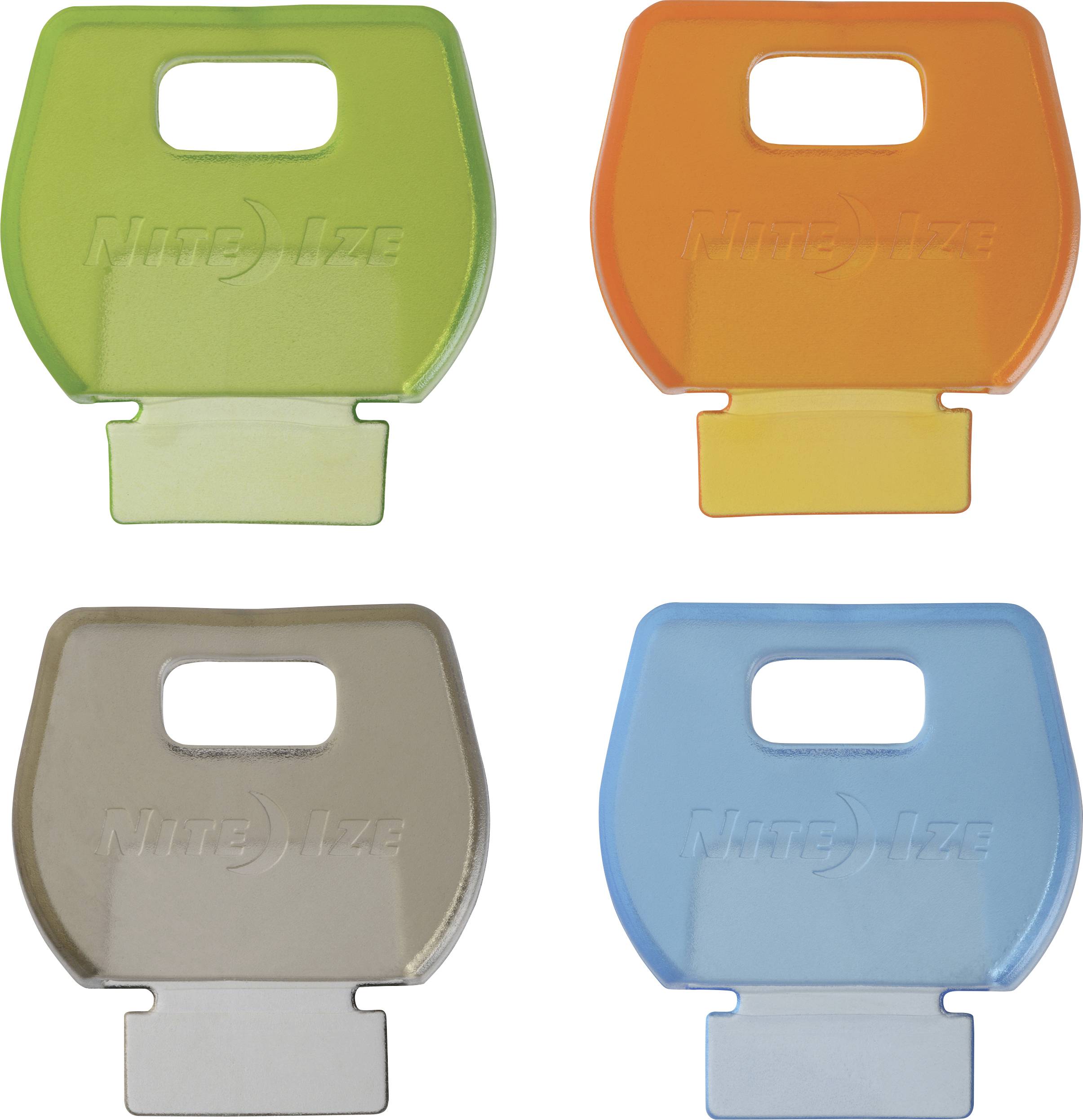 Quattro clip di plastica in verde, arancione, marrone e blu. Ciascuna ha un'apertura rettangolare in alto e una base piatta.