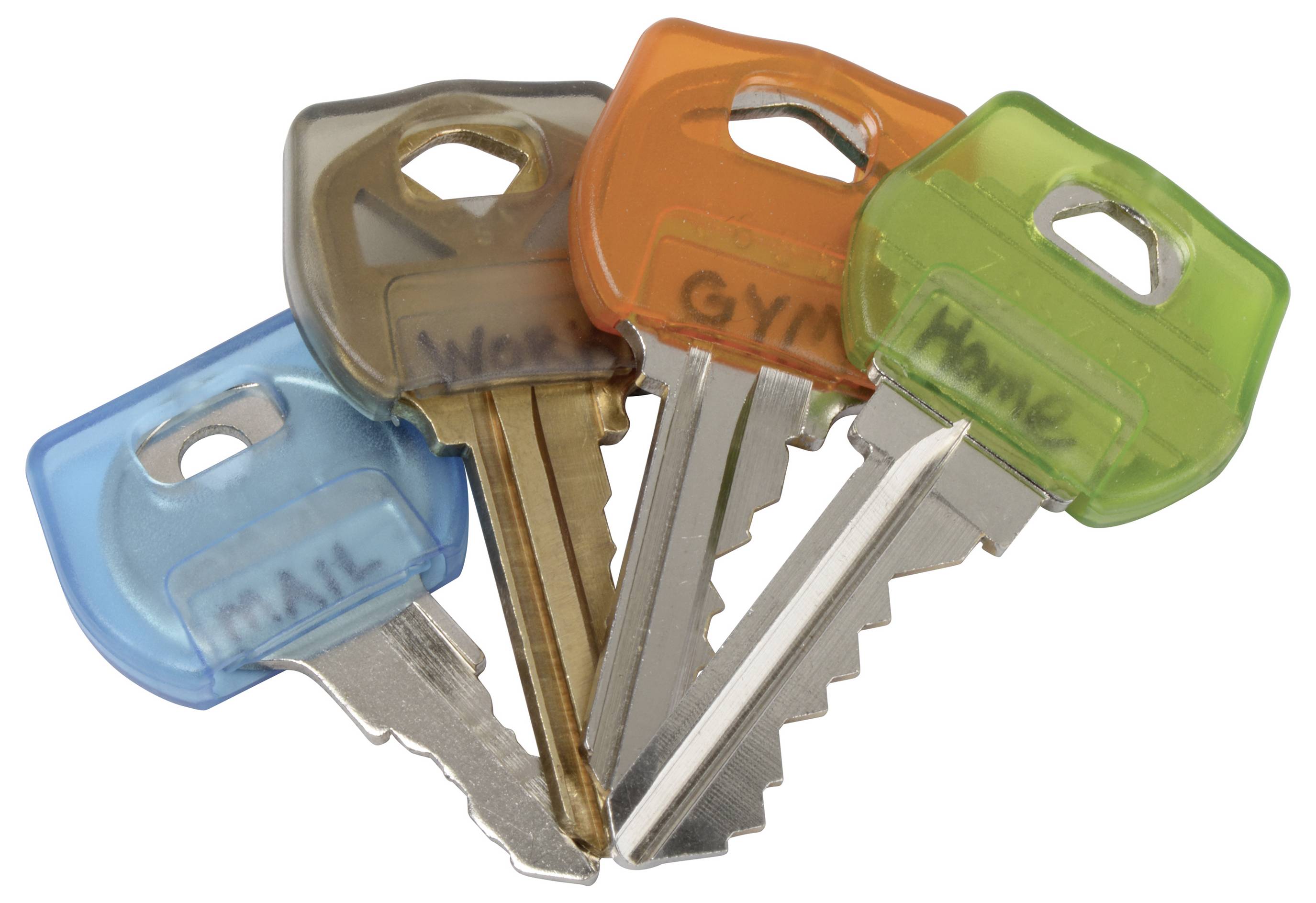 Quattro chiavi etichettate: 'MAIL' in blu, 'WORK' in oro, 'GYM' in arancione e 'HOME' in verde, che indicano usi diversi.