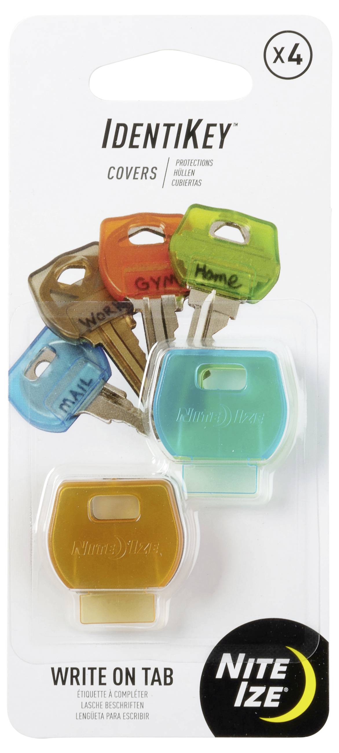 Coprivalvola colorati per l'etichettatura delle chiavi: blu, arancione, verde e marrone chiaro. La confezione riporta 'IdentiKey Covers' di Nite Ize.