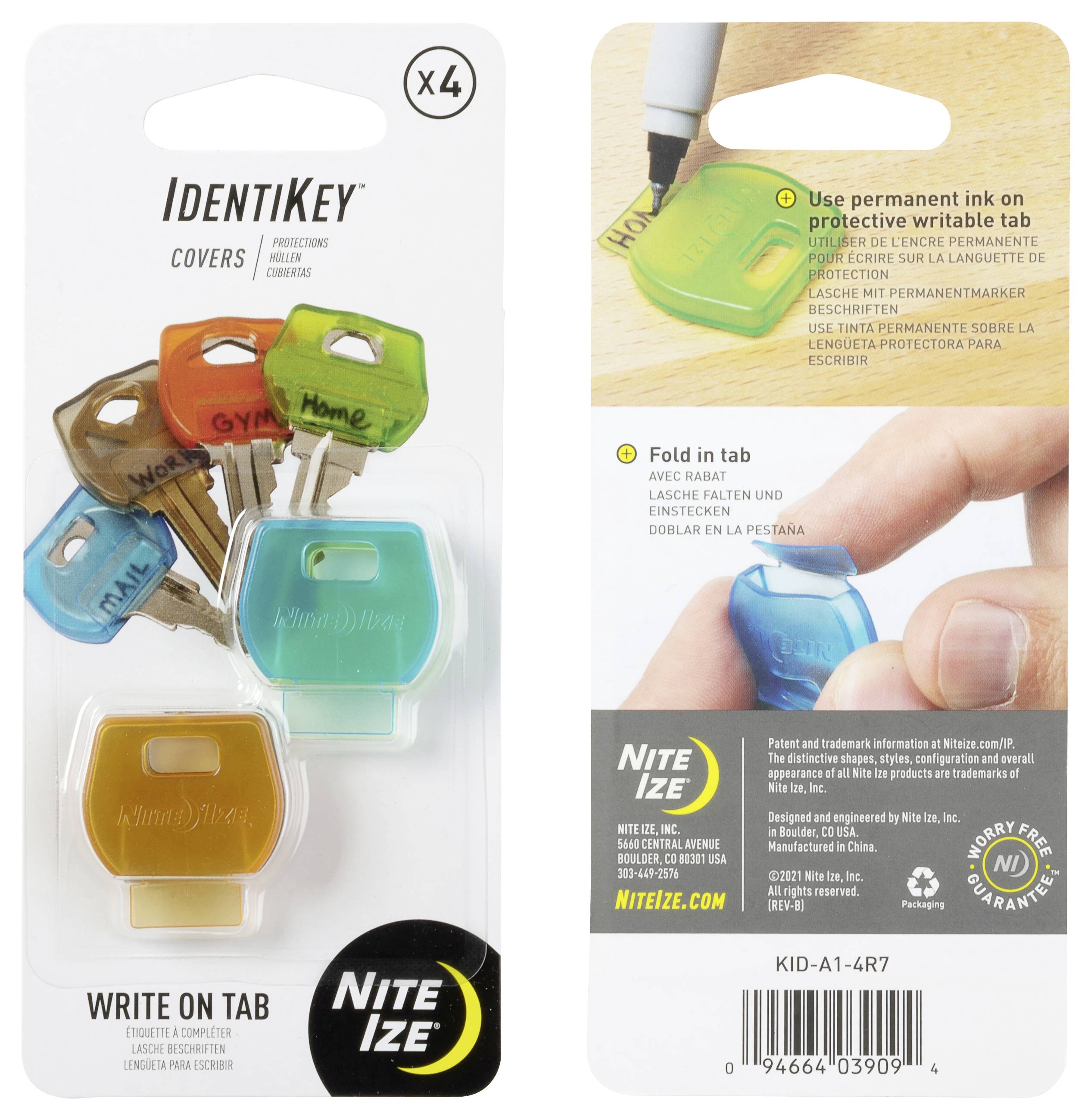 Coperture 'IdentiKey' mostrate sulla confezione. Include quattro coperture per chiavi di colori diversi scrivibili e istruzioni per l'uso con inchiostro permanente e per ripiegare la linguetta.