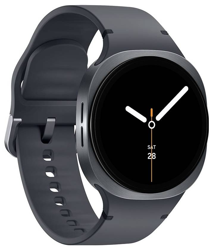 Un elegante smartwatch moderno che mostra un orologio analogico con lancette delle ore e dei minuti bianche su uno sfondo nero. La data indica 'SAB 28'.