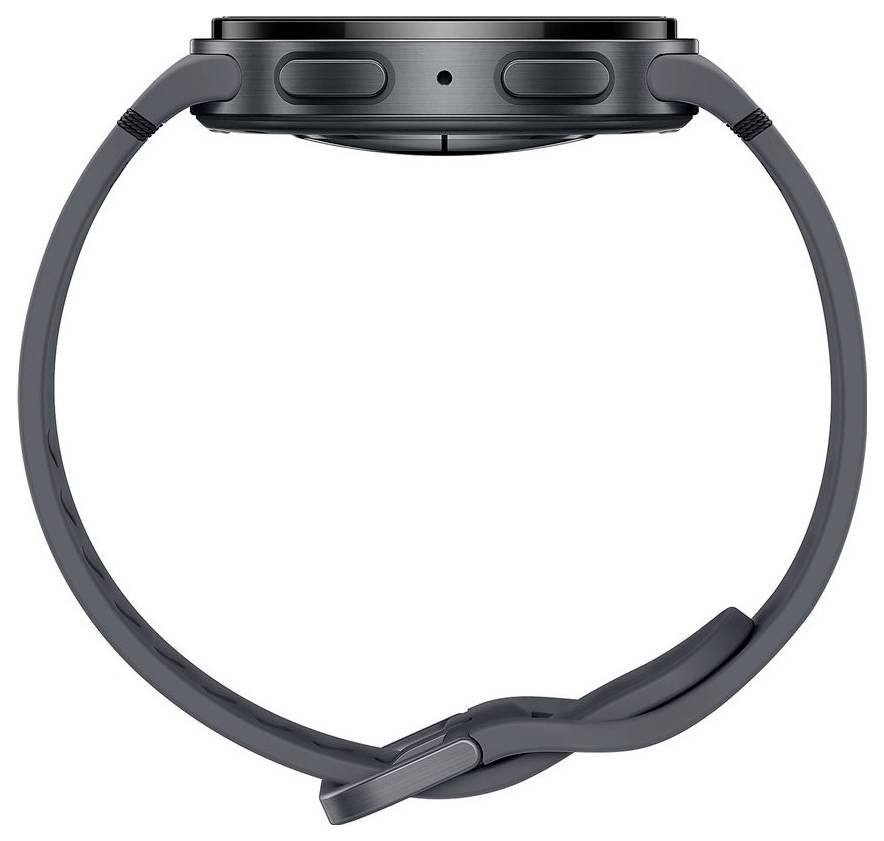 Un elegante smartwatch rotondo mostrato di lato, che mette in risalto il suo profilo sottile e i suoi pulsanti, con un cinturino scuro attaccato.