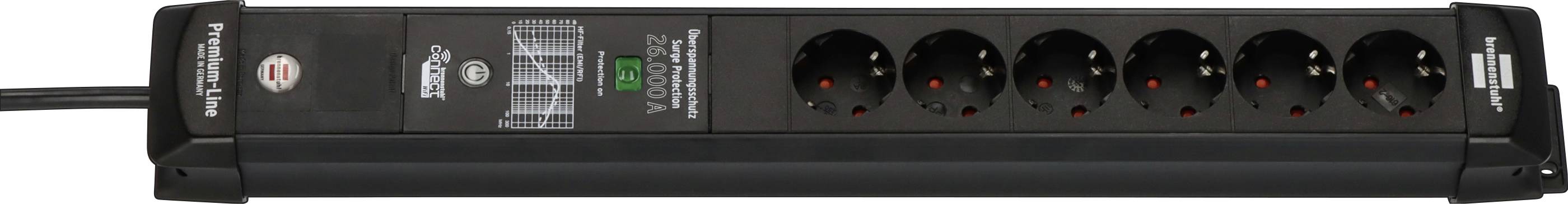 Multipresa nera con otto prese rotonde e un cavo, mostrata su sfondo bianco.