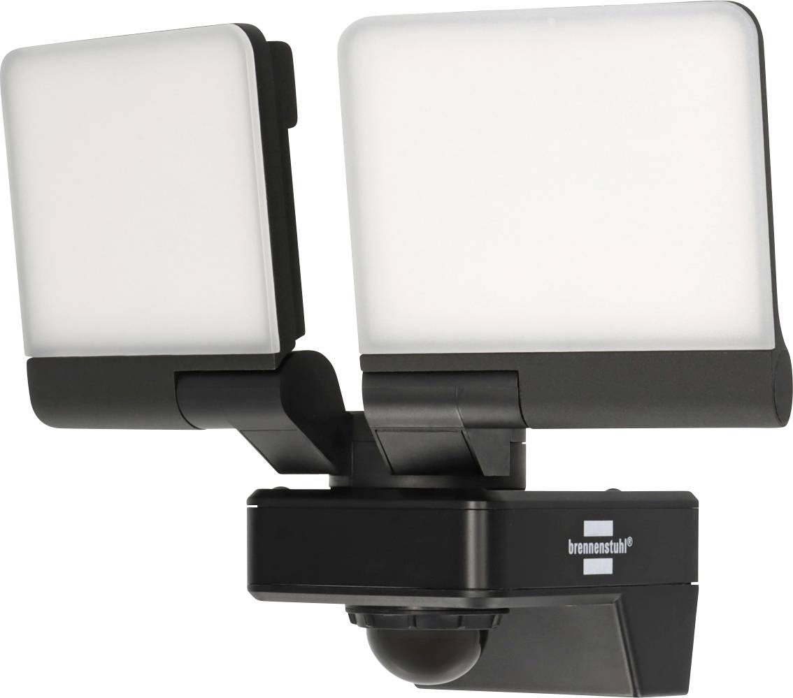 Proiettore di inondazione con sensore di movimento nero con due pannelli LED rettangolari e un'unità sensore arrotondata sottostante, mostrato su uno sfondo bianco.
