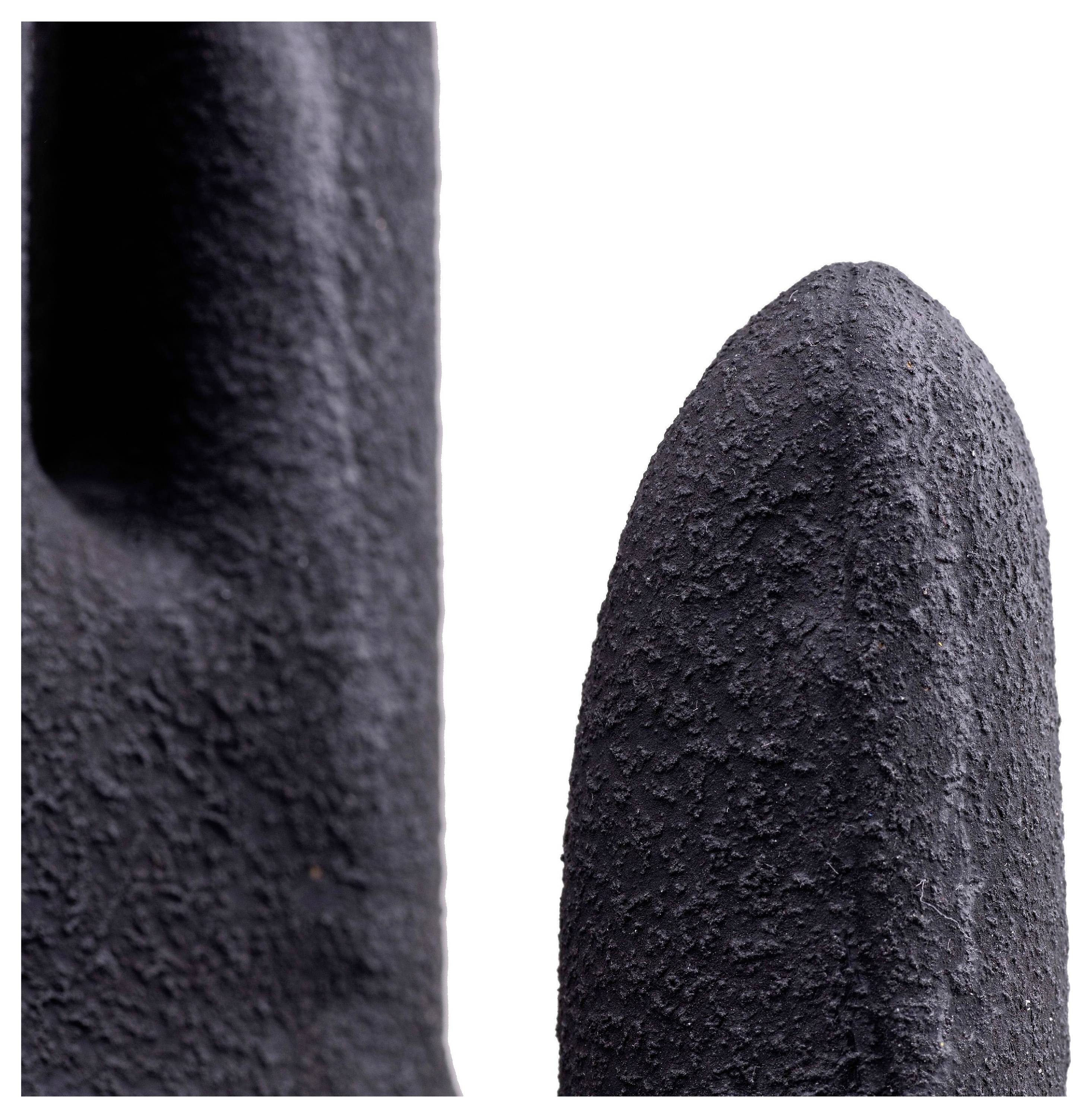 Un primo piano di due sculture astratte in nero con texture, che si concentra sulla loro superficie ruvida e sulle forme curve su uno sfondo bianco.