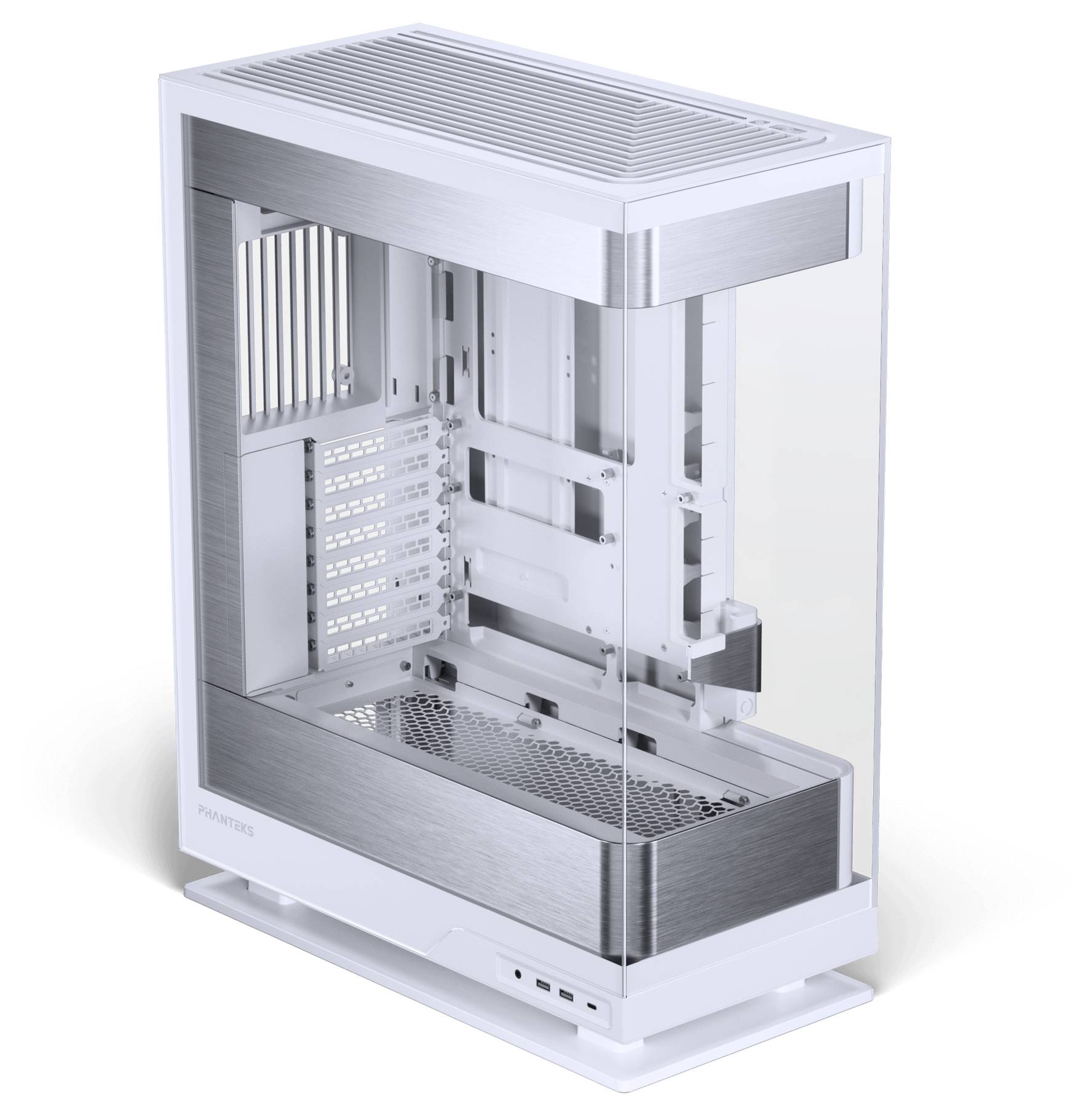 Una torre bianca per computer elegante e moderna con un pannello laterale in vetro, che mostra un design minimalista e molteplici slot di espansione.