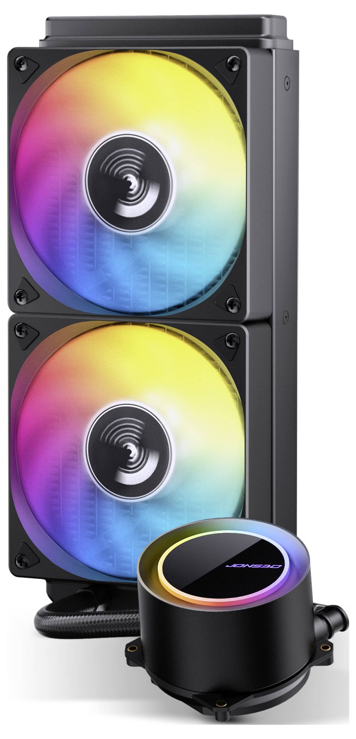 Un sistema di raffreddamento per computer con due ventole LED multicolori allineate verticalmente e un componente cilindrico con un display illuminato sulla parte superiore.