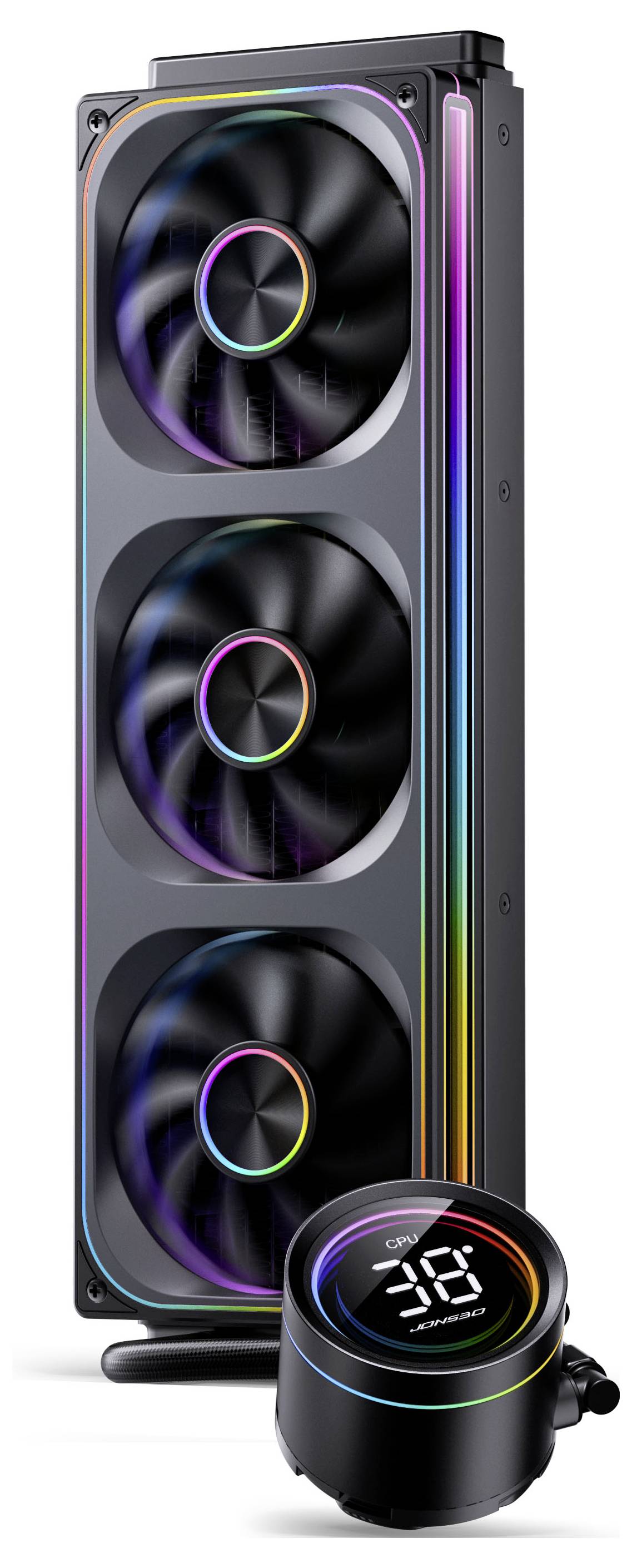 'Sistema di raffreddamento liquido per computer con tre ventole RGB e un display digitale rotondo che mostra la temperatura. Adatto per build PC ad alte prestazioni.'