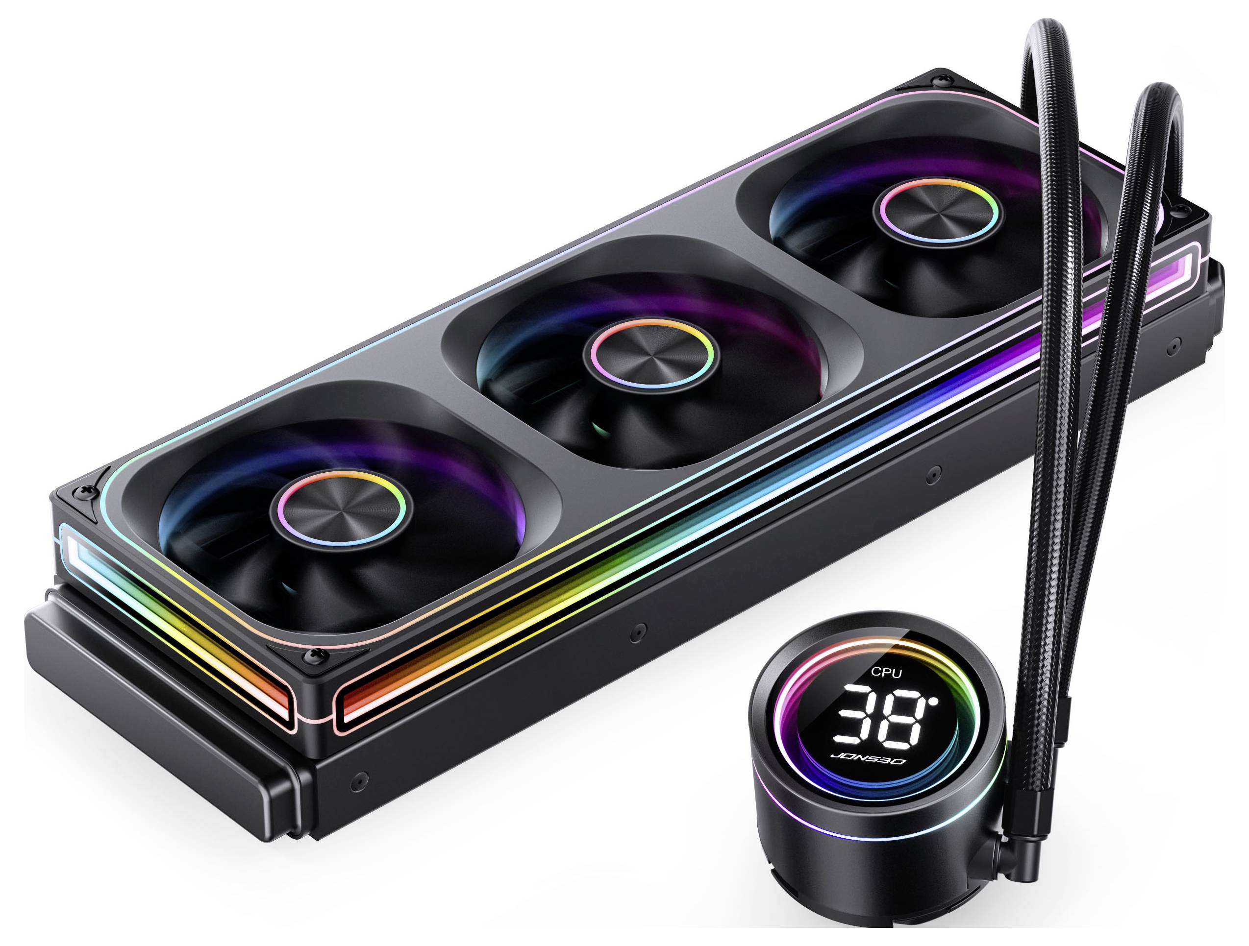 Un raffreddatore a liquido per CPU con tre ventole RGB e un display sulla pompa che mostra la temperatura della CPU.