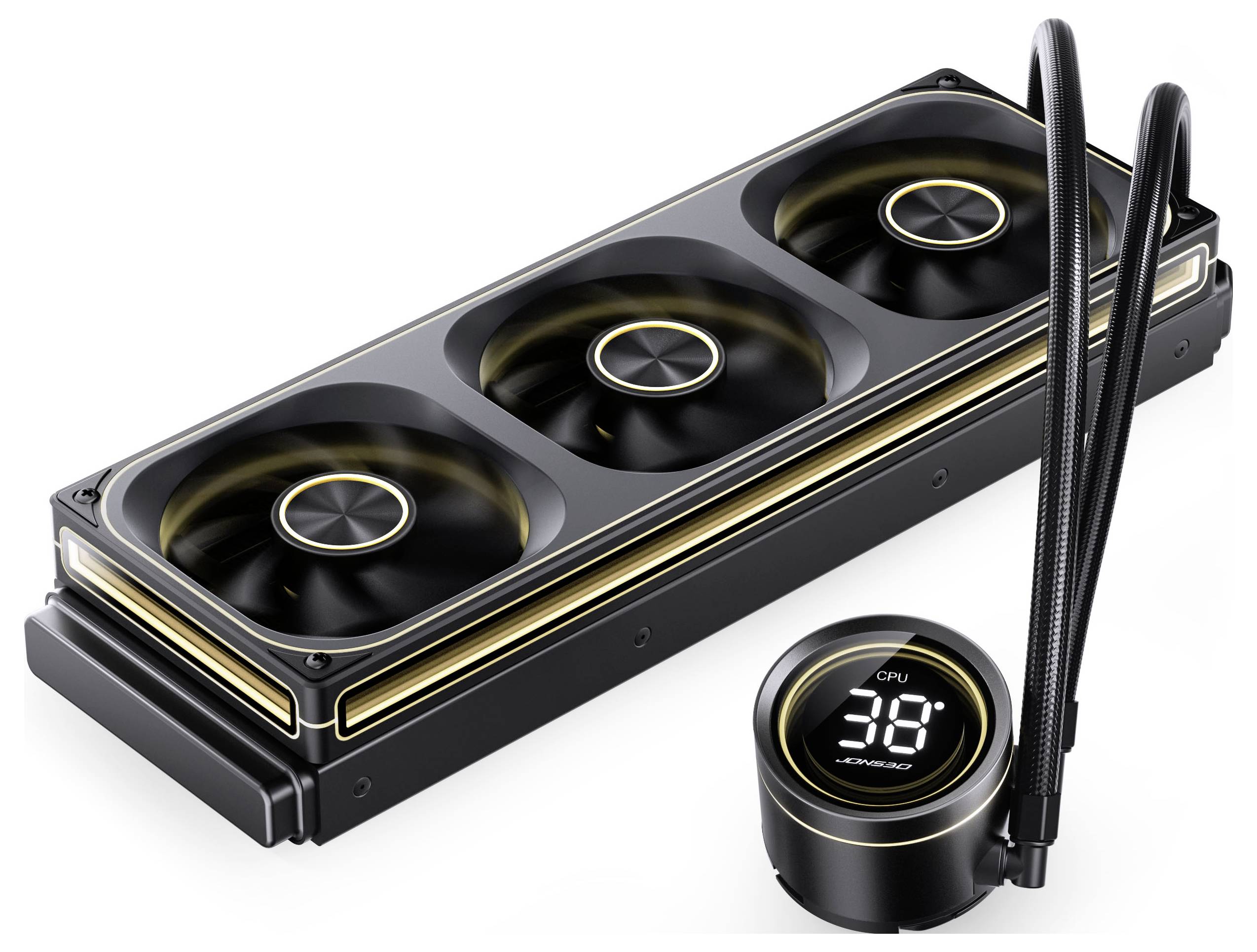 Raffreddatore liquido per CPU con radiatore a tre ventole e display che mostra 'CPU 38°C'. Dotato di accenti dorati e tubi flessibili intrecciati di colore nero.
