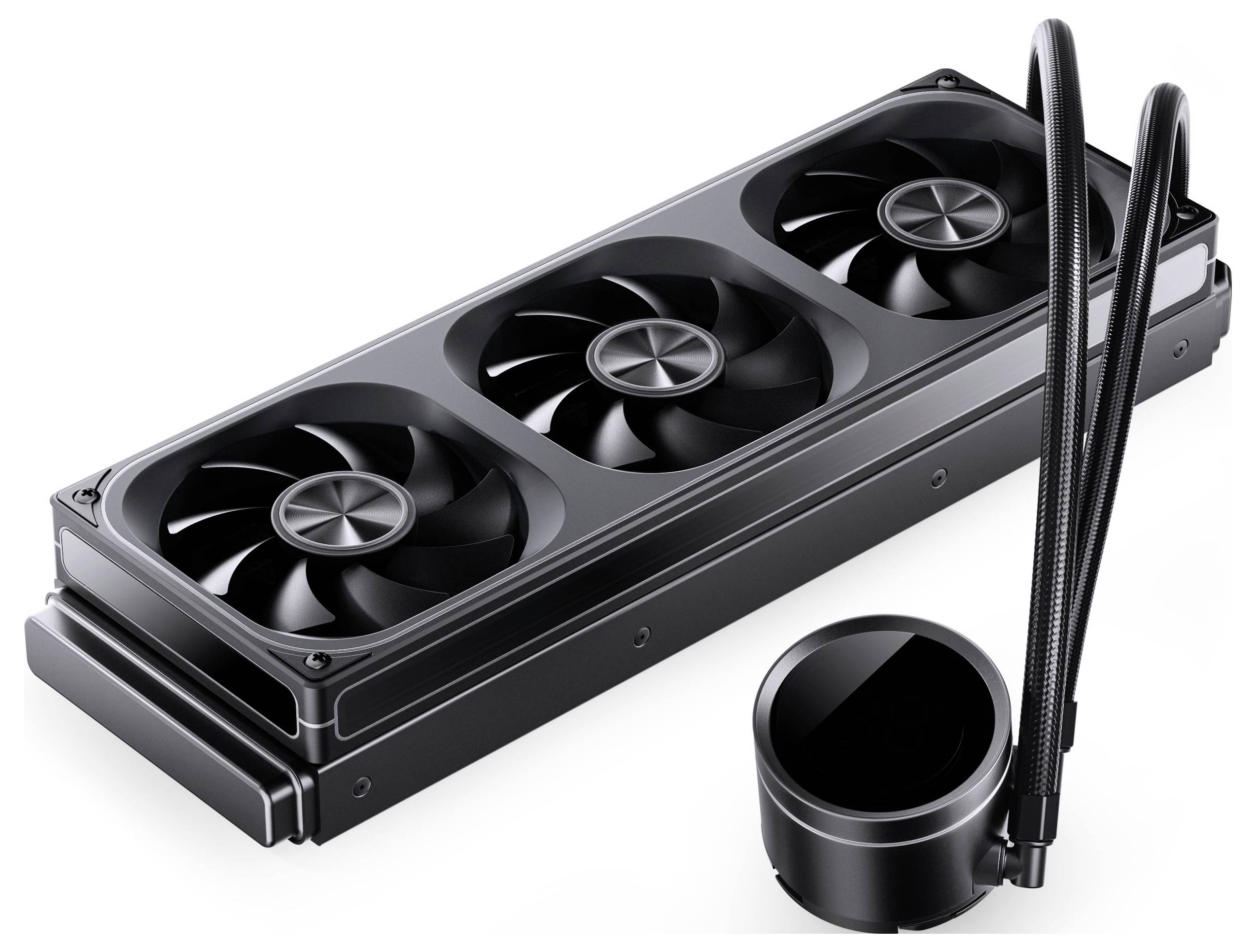 Un sistema di raffreddamento a liquido dotato di un radiatore con tre ventole di grandi dimensioni e un'unità pompa separata, progettato per una gestione efficiente del calore nei computer.