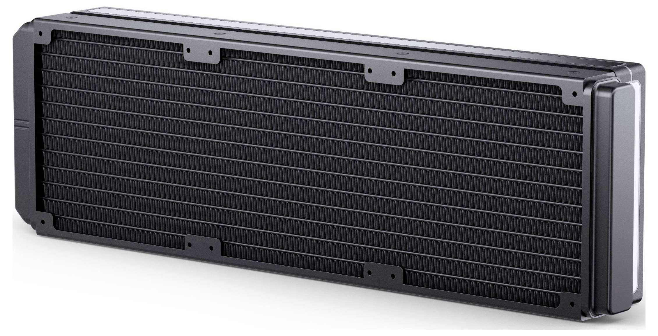 Un radiatore nero rettangolare con alette parallele multiple, progettato per raffreddare sistemi hardware in apparecchiature tecnologiche o informatiche.