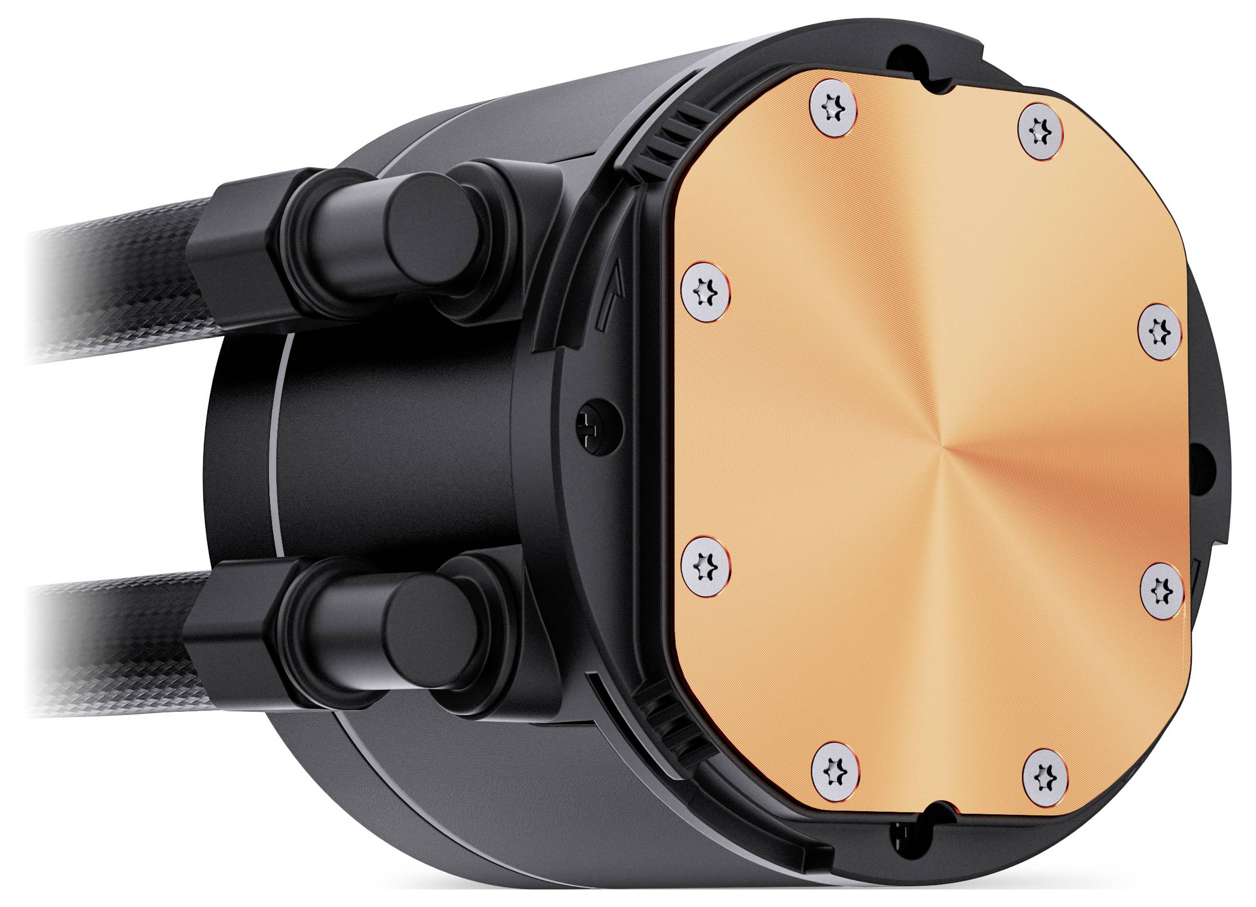 Blocco di raffreddamento ad acqua per superficie in rame con viti e tubi su base cilindrica nera, probabilmente per il raffreddamento di un computer.