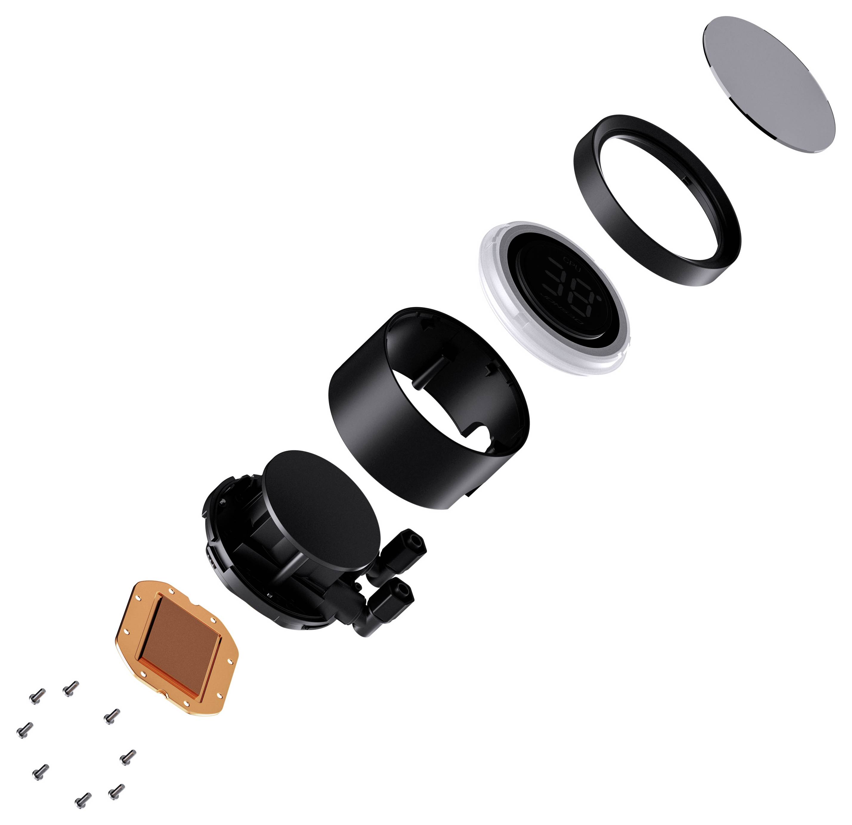 Vista esplosa di un termostato, che mostra i componenti: display, cornice, custodia, piastra di montaggio e una scheda elettronica con viti.