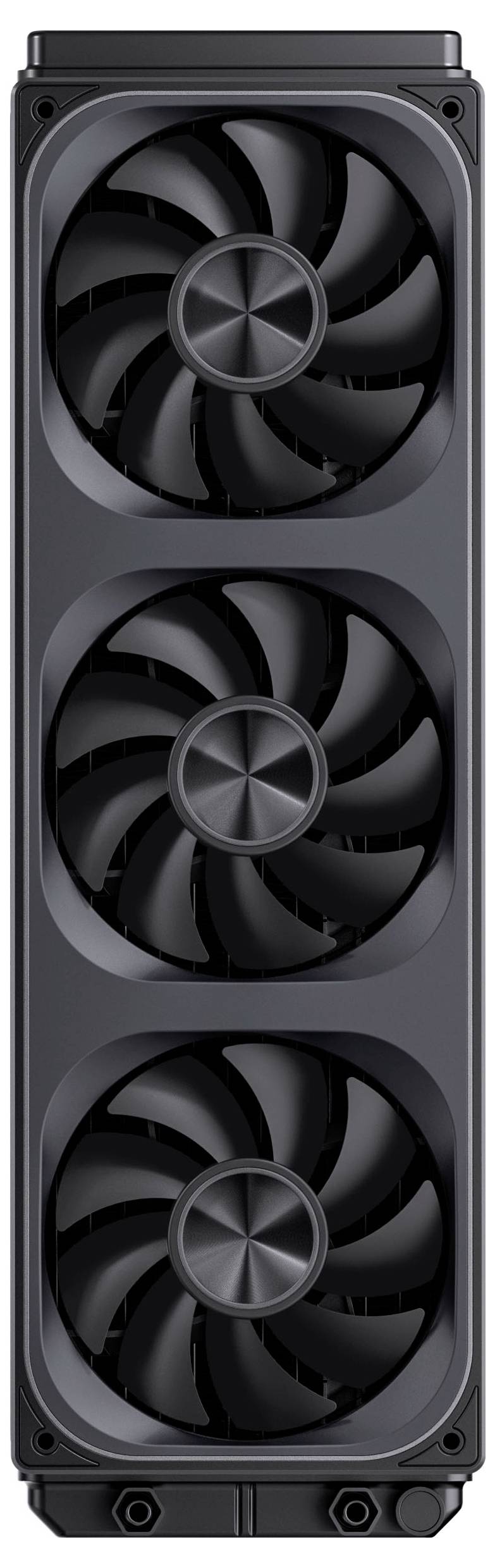 Una scheda grafica nera con tre grandi ventole di raffreddamento, progettata per videogiochi ad alte prestazioni e attività di calcolo intensivo.