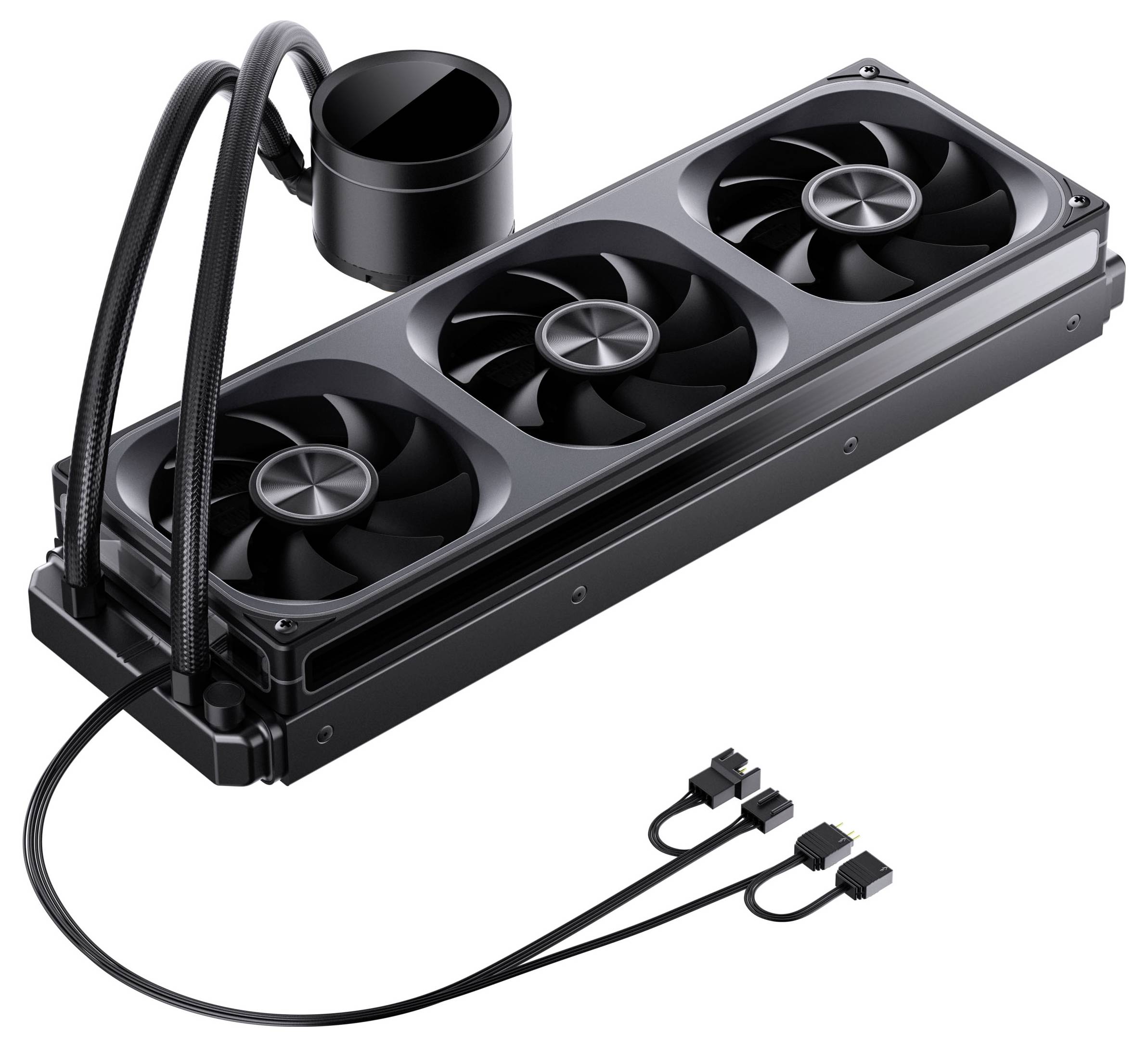 Un sistema di raffreddamento a liquido nero per computer con tre ventole e un blocco di raffreddamento ad acqua per CPU, con cavi di alimentazione collegati.