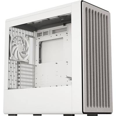 Un case per computer bianco con un pannello frontale a rete e un ventilatore di raffreddamento laterale, pronto per l'installazione di componenti hardware, su uno sfondo bianco.
