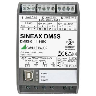 Dispositivo elettrico etichettato 'SINEAX DM5S' per la misurazione di corrente e tensione. Presenta porte USB e RS485, con vari simboli tecnici.