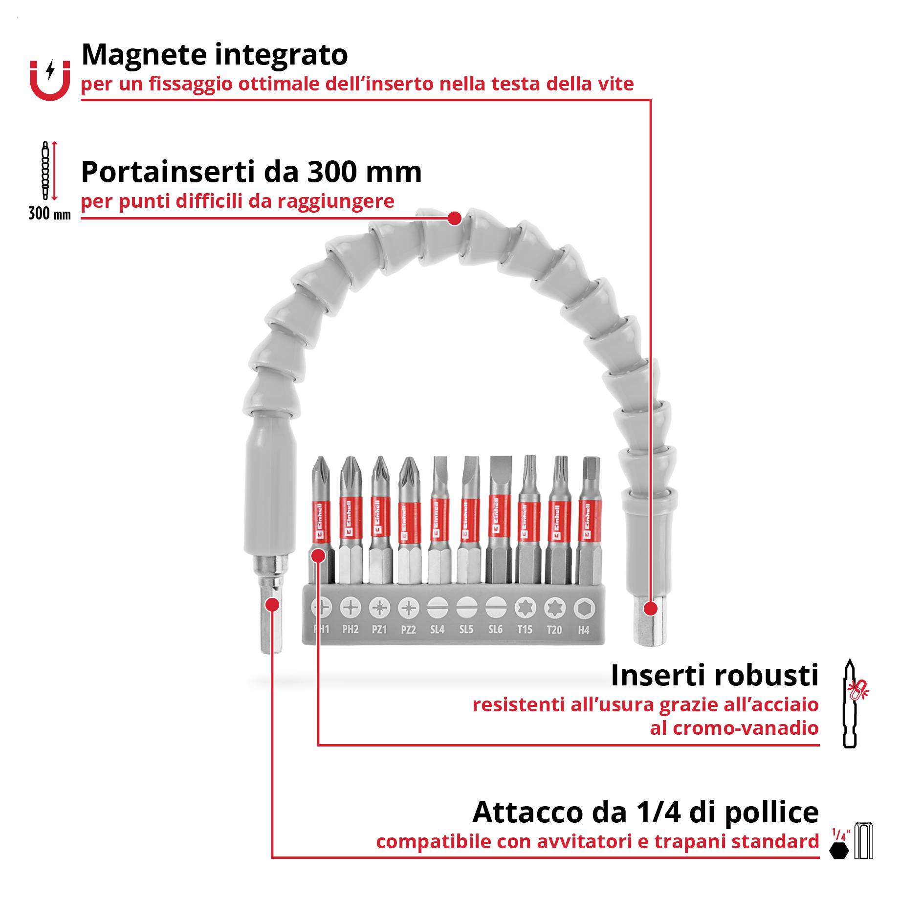 Portabits flessibile da 300 mm per punti difficili da raggiungere, include bits in acciaio cromo-vanadio, compatibile con avvitatori a batteria.