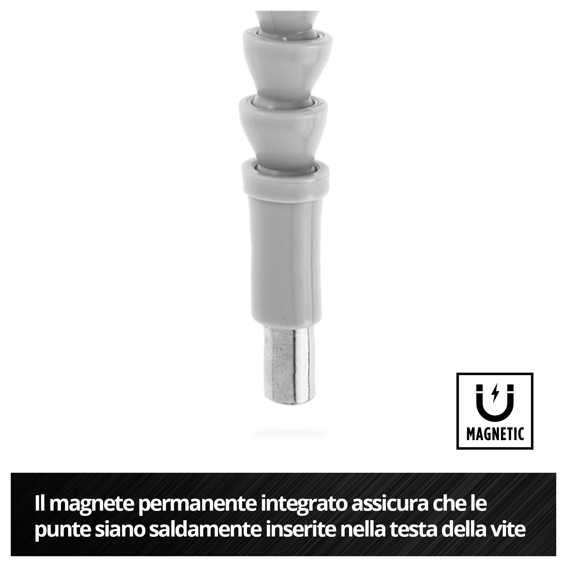 'Magnete permanente integrato garantisce una presa sicura dei bit nella testa della vite' è illustrato accanto a un portabiti magnetico grigio.