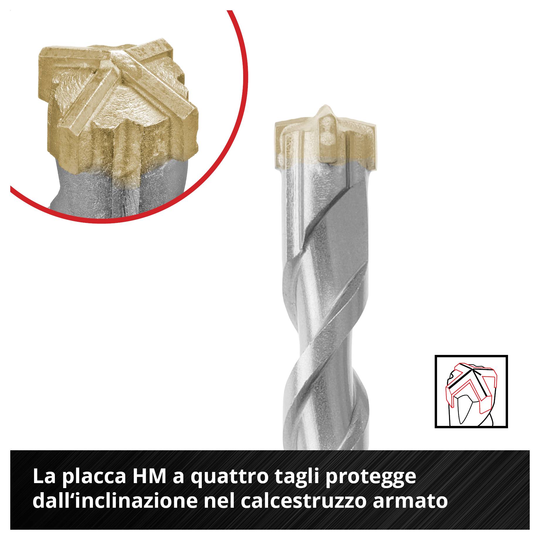 Una punta con quattro inserto in metallo duro, sviluppata appositamente per proteggere dall'inceppamento nel calcestruzzo armato.