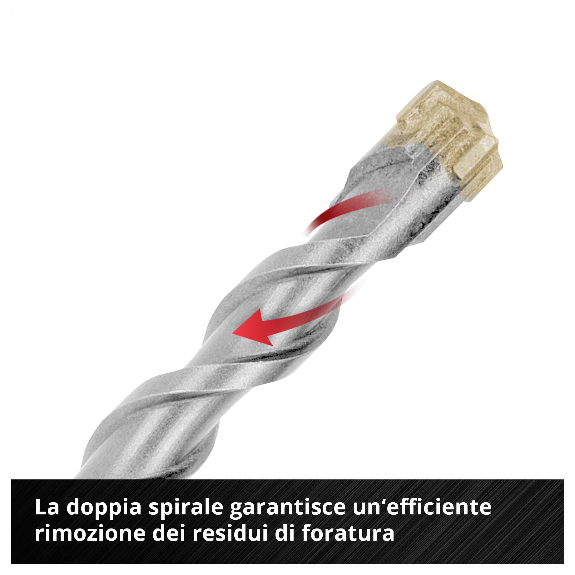 'La doppia elica assicura un efficiente trasporto dei residui di perforazione.' Primo piano di una punta da trapano con freccia rossa che mostra la direzione di rotazione.
