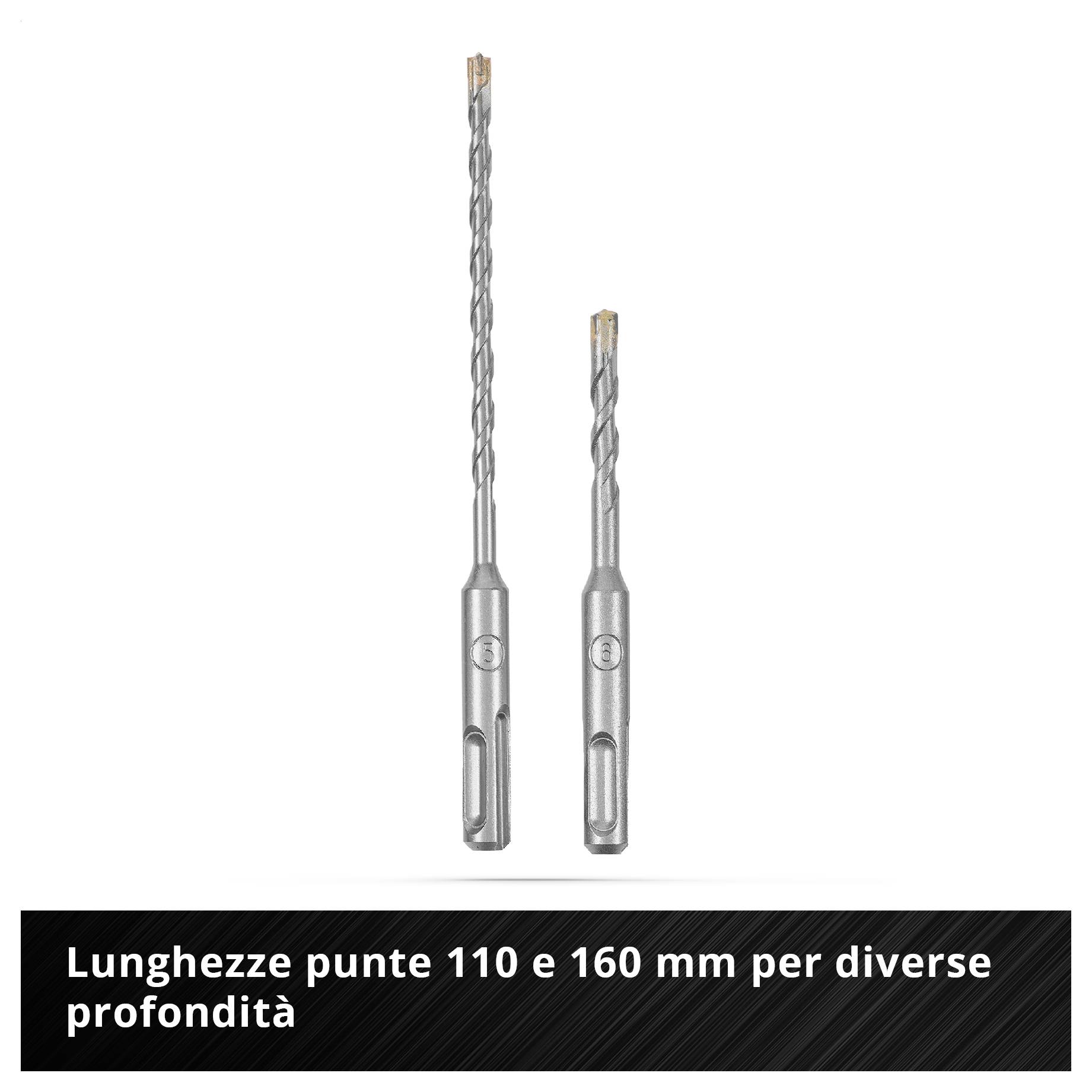 Due trapani argentati, uno da 110 mm, l'altro da 160 mm, su sfondo bianco. Testo: 'Lunghezze dei trapani di 110 e 160 mm per profondità diverse'.