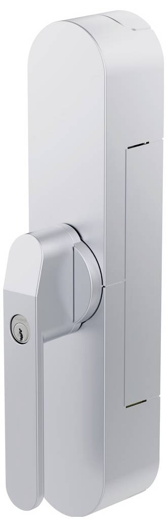 Maniglia della porta in argento con un design elegante e moderno, caratterizzata da una manopola circolare e un foro della serratura sul lato sinistro.