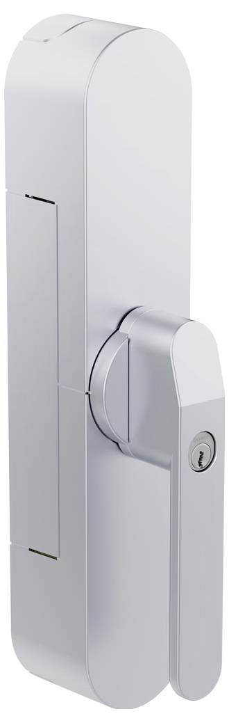 Un'immagine ravvicinata di una maniglia per porta elegante e moderna in argento, con serratura integrata, che evidenzia il suo design contemporaneo e la finitura metallica.