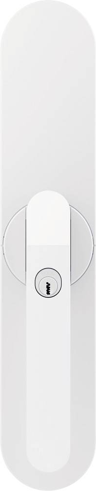 Una maniglia per porta minimalista bianca con un foro per la serratura integrato alla base, che mostra un design elegante e moderno.