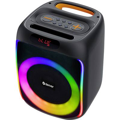 Altoparlante portatile con manico, anello luminoso LED e pulsanti di controllo sulla parte superiore. Il display mostra 'BLUE'.