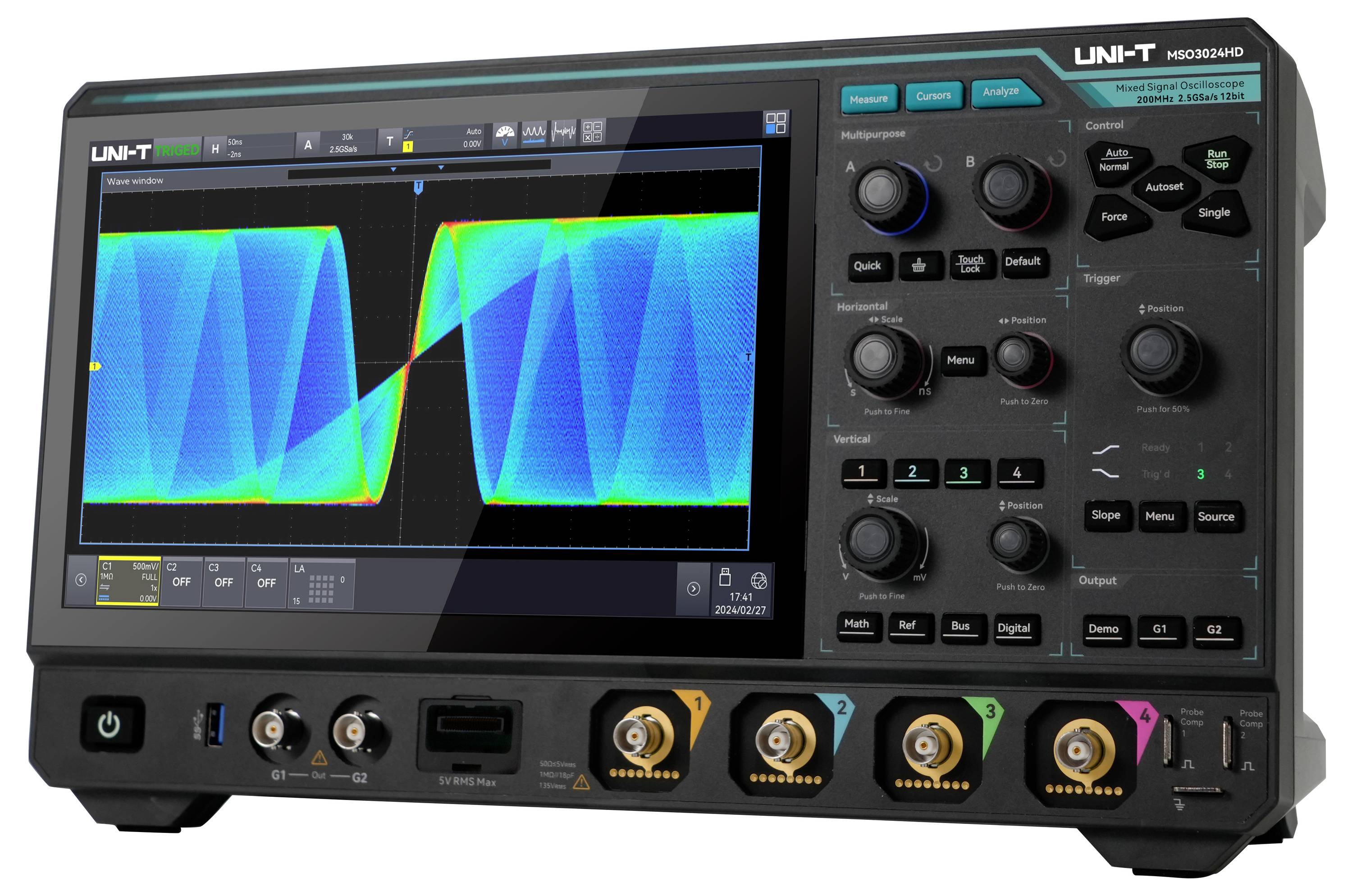 Un oscilloscopio digitale che mostra un'onda su un schermo, con manopole di controllo e porte sul pannello frontale per regolare e collegare i segnali.
