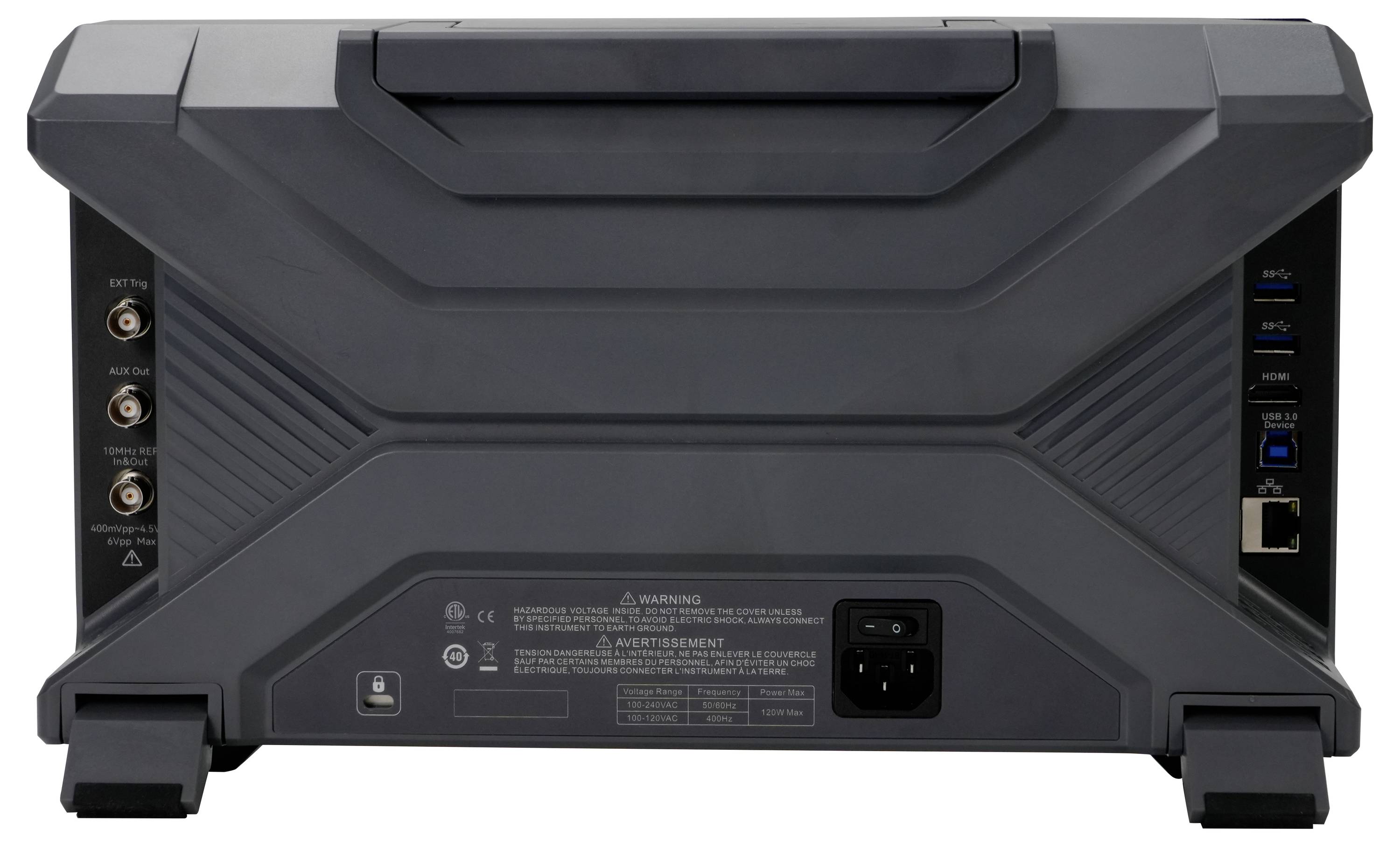 Vista posteriore di un dispositivo elettronico grigio con varie porte tra cui tre connettori coassiali, porte USB, una porta Ethernet e un socket di alimentazione.